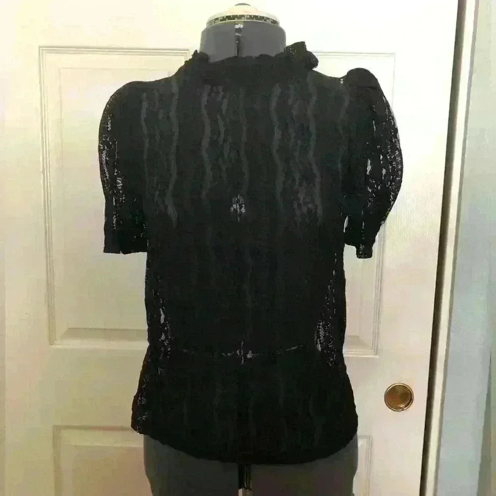 Blashe Black lace short puffy sleeve gathered neck collar back key hole blouse M